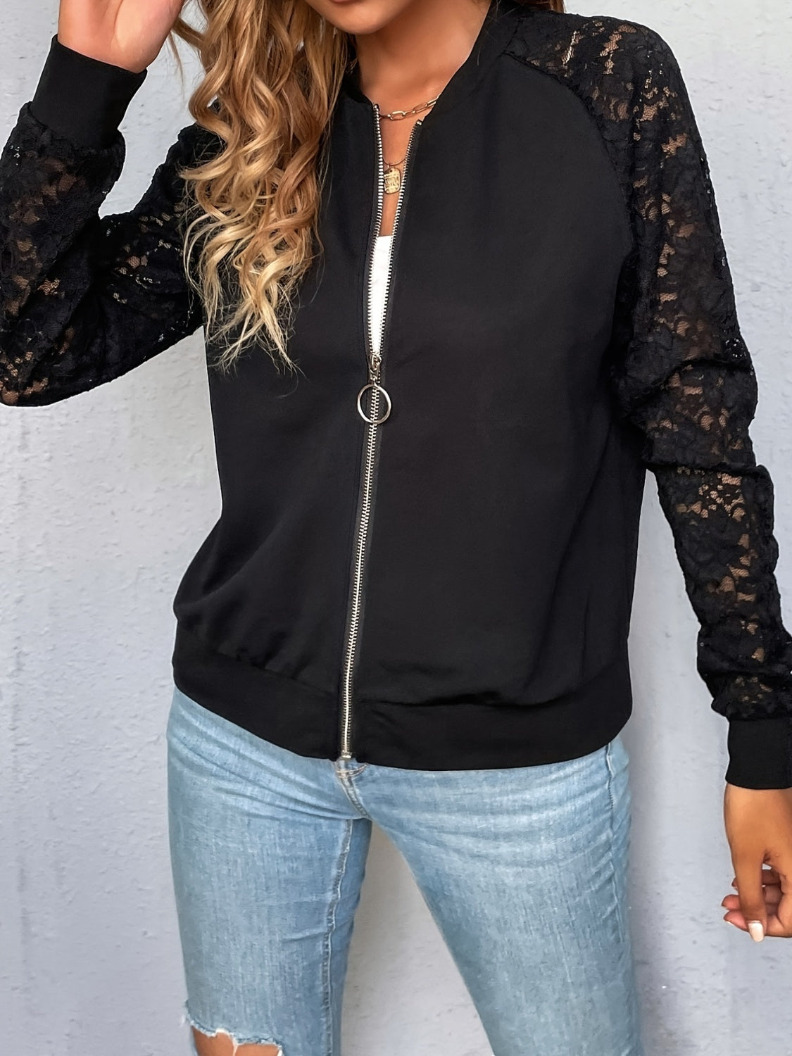 Lace Zip Up Long Sleeve Jacket