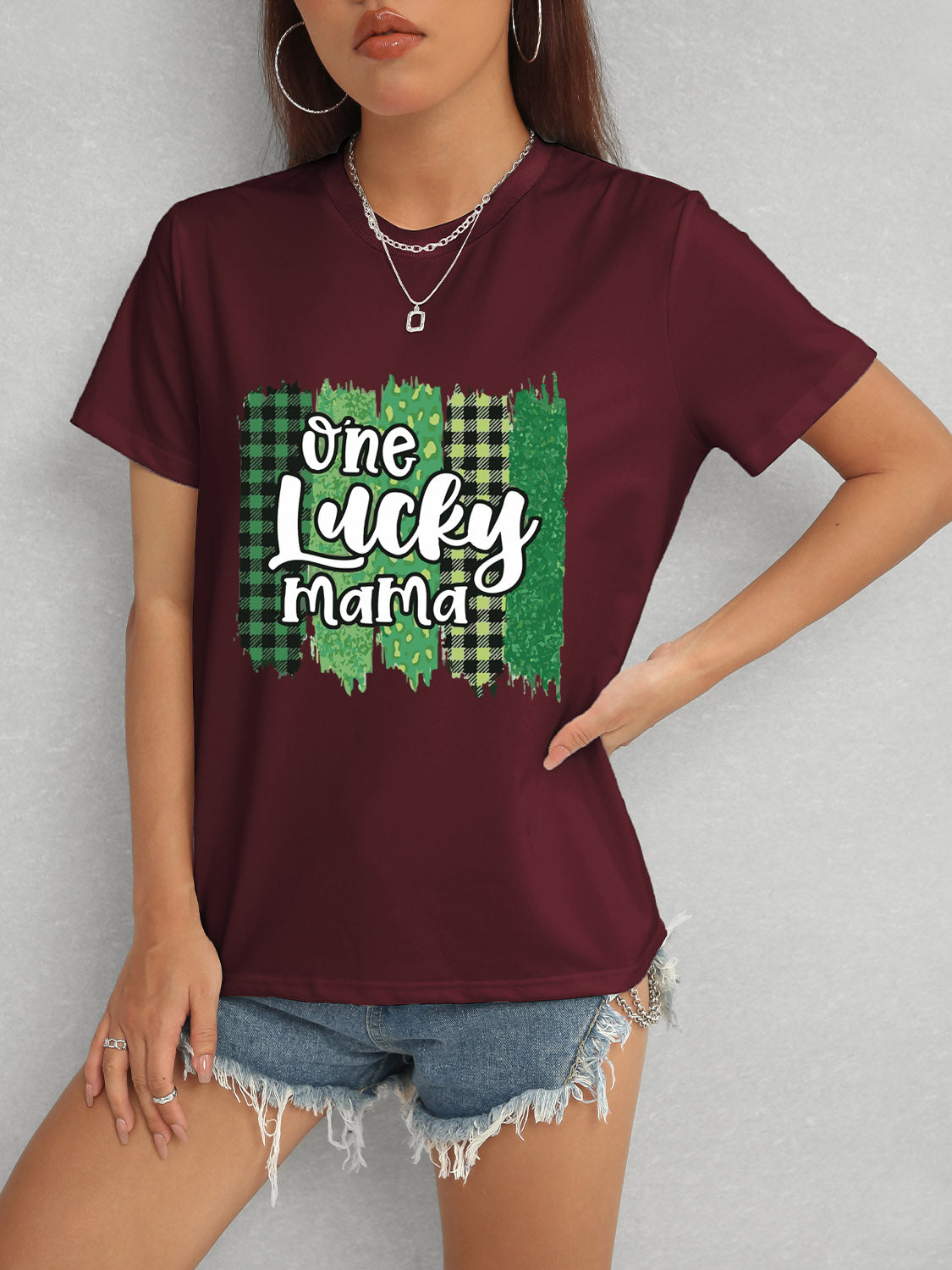 ONE LUCKY MAMA Round Neck T-Shirt