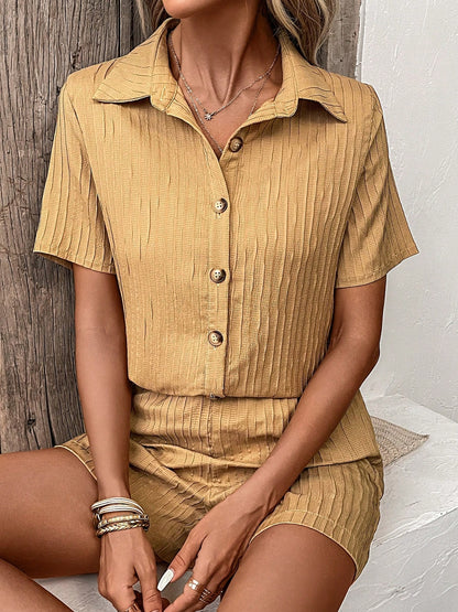 Textured Button Up Shirt and Shorts Set