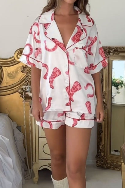 Printed Button Up Top and Shorts Lounge Set