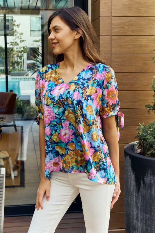 Petal Dew Full Size Floral V-Neck Tie Detail Blouse