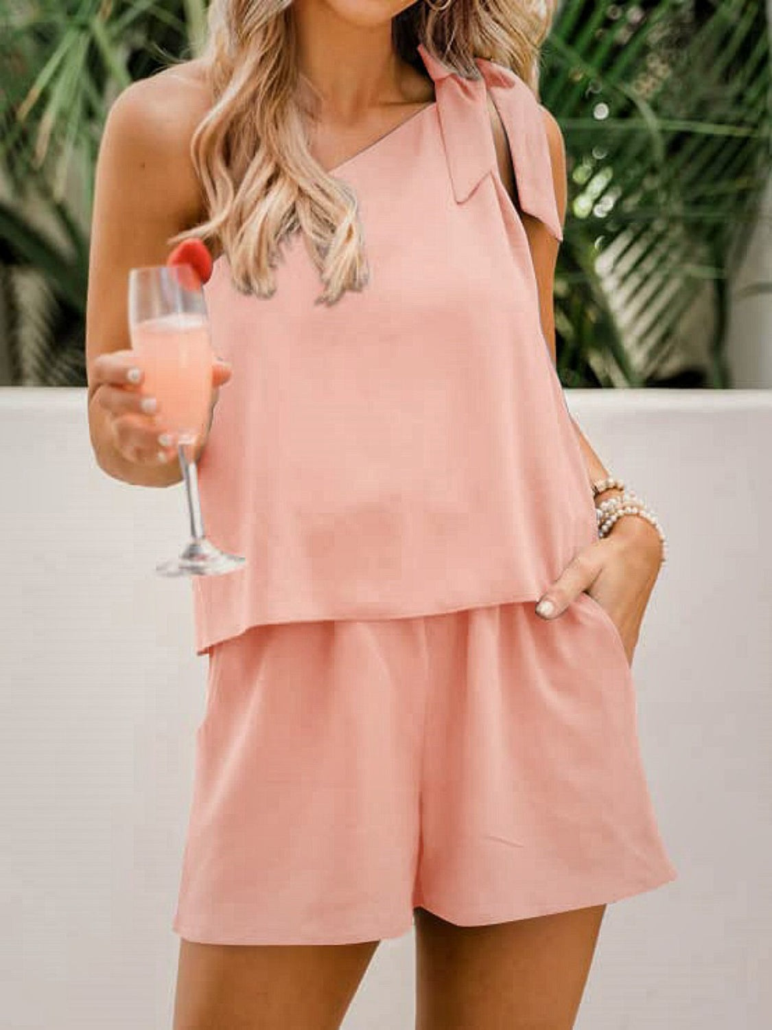 Single Shoulder Top and Pocketed Shorts Set