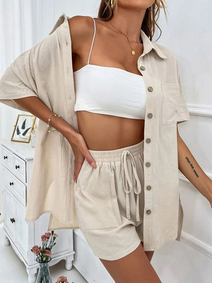 Button Up Shirt and Drawstring Shorts Set