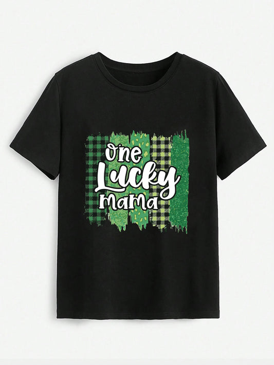 ONE LUCKY MAMA Round Neck T-Shirt