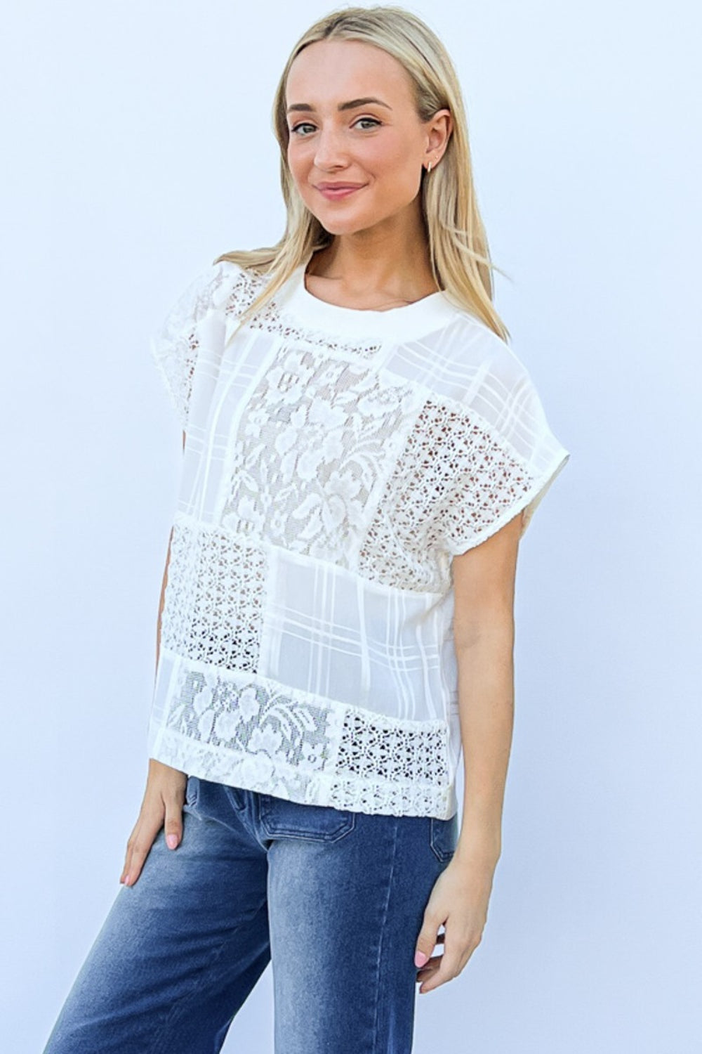 And The Why Lace Patchwork Short Sleeve Top and Cami Set