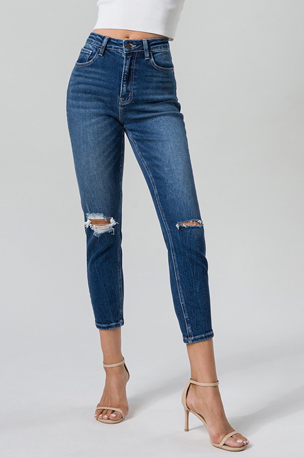 BAYEAS Full Size High Waist Distressed Washed Cropped Mom Jeans